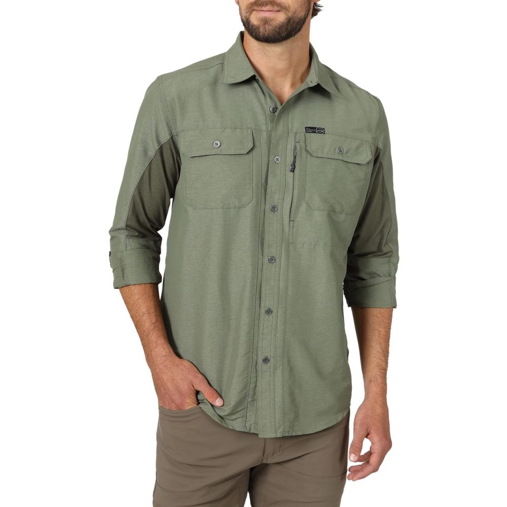 NEW ATG by Wrangler Men's Long Sleeve Mixed Material Shirt, Dusty Olive, Medium